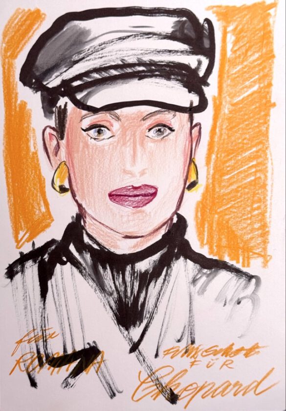 Felix Scholz_Live Event Illustration_Chopard Berlin Kurfürstendamm_13 farbige Portraitzeichnung einer Dame mit Kapitänsmütze des Berliner Künstlers Felix Scholz