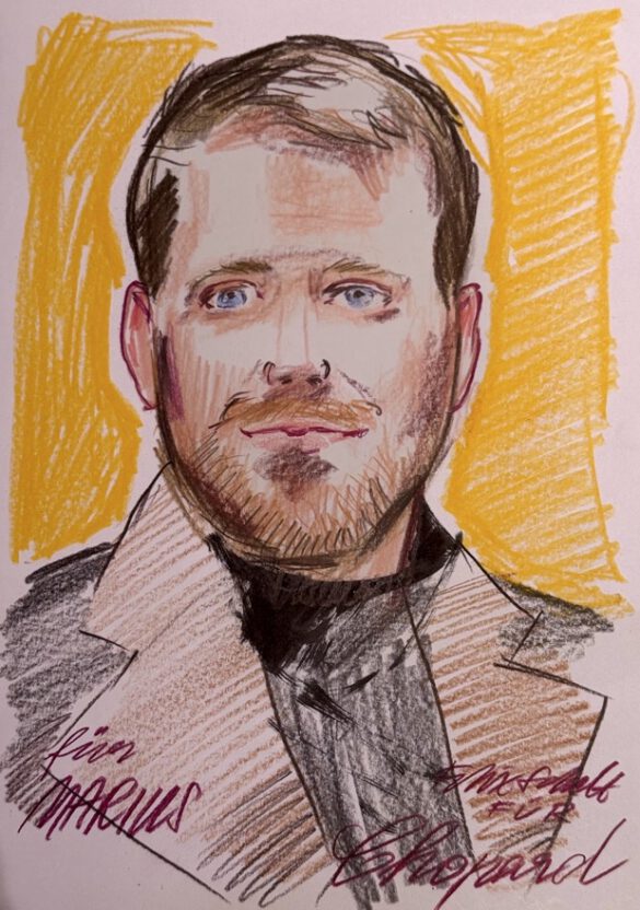 Felix Scholz_Live Event Illustration_Chopard Berlin Kurfürstendamm_14 farbige Portraitzeichnung eines jungen Manns mit Bart des Berliner Künstlers Felix Scholz