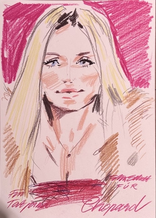 Felix Scholz_Live Event Illustration_Chopard Berlin Kurfürstendamm_20 farbige Portraitzeichnung einer blonden Dame des Berliner Künstlers Felix Scholz