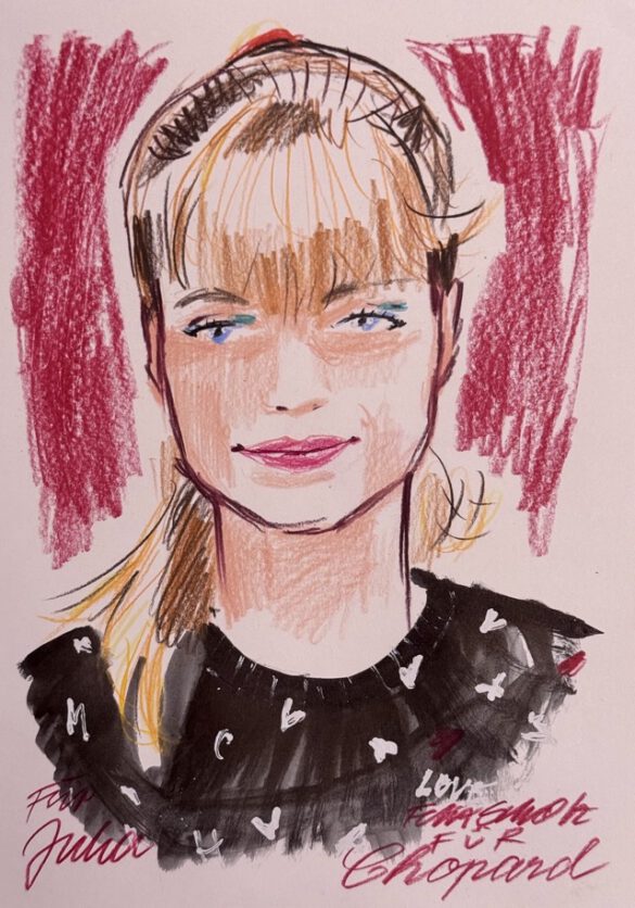 Felix Scholz_Live Event Illustration_Chopard Berlin Kurfürstendamm_7 Portraitzeichnung einer Blonden Dame mit Zopf des Berliner Künstlers Felix Scholz