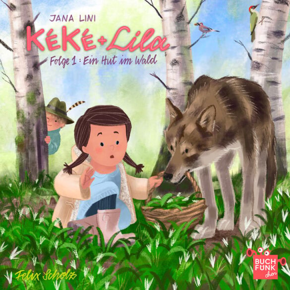 Kinderbuchillustration von Felix Scholz für Kéké+Lila: ein Mädchen sammelt mit einem großen Hund Kräuter im Wald, ein Junge im Hintergrund schaut hinter einem Baum hervor