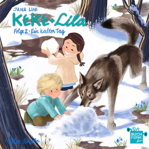 Kinderbuchillustration von Felix Scholz für Kéké+Lila: ein Junge und ein Mädchen spielen mit einem großen Hund im Schnee im Wald