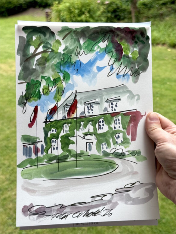 Ein farbiges Aquarell mit einer Ansicht des Hotels Kieler Kaufmann, gemalt von Felix Scholz